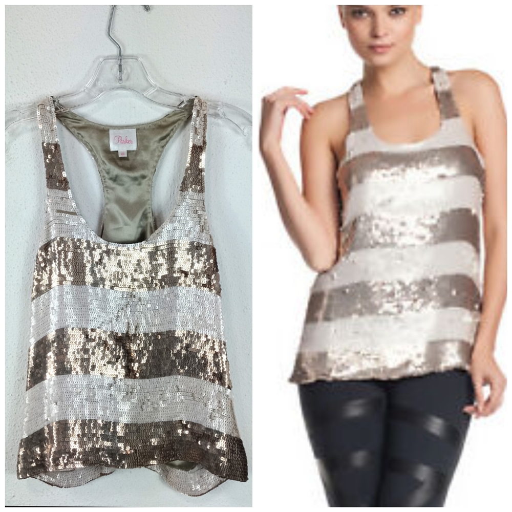 Parker Gold and White Stripe Sequin Racer Back 100% Silk Tank Top Size XS